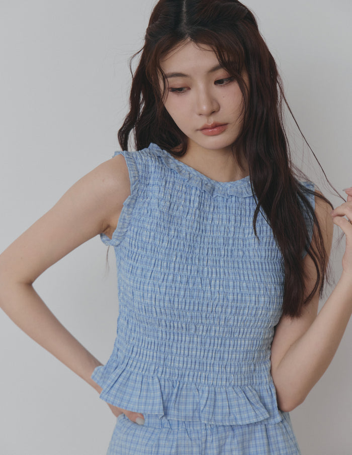 Veda Smocked Plaid Top in Blue