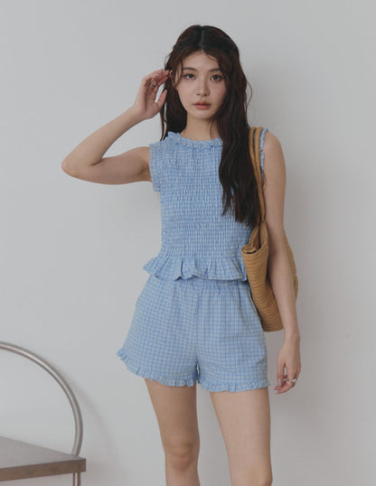 Veda Smocked Plaid Top in Blue