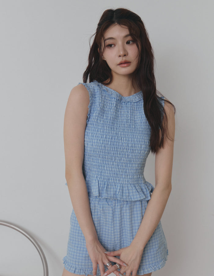 Veda Smocked Plaid Top in Blue