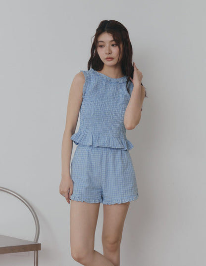 Veda Smocked Plaid Top in Blue