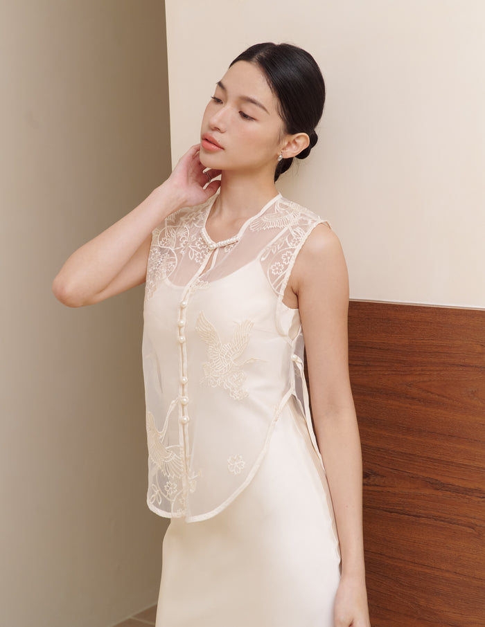 Yun Embroidered Overlay Top in Eternal Crane