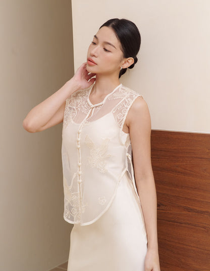 Yun Embroidered Overlay Top in Eternal Crane