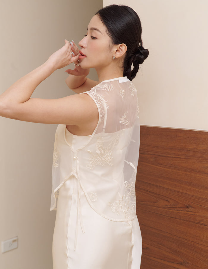 Yun Embroidered Overlay Top in Eternal Crane