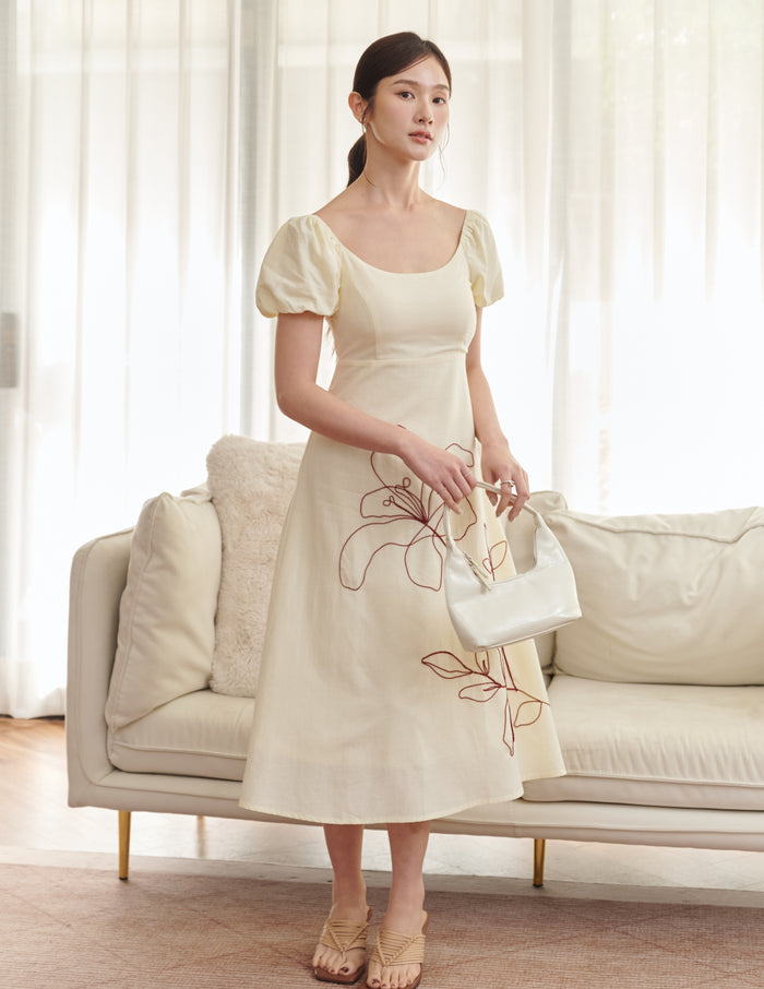 Yuna Embroidered Floral Padded Midi Dress