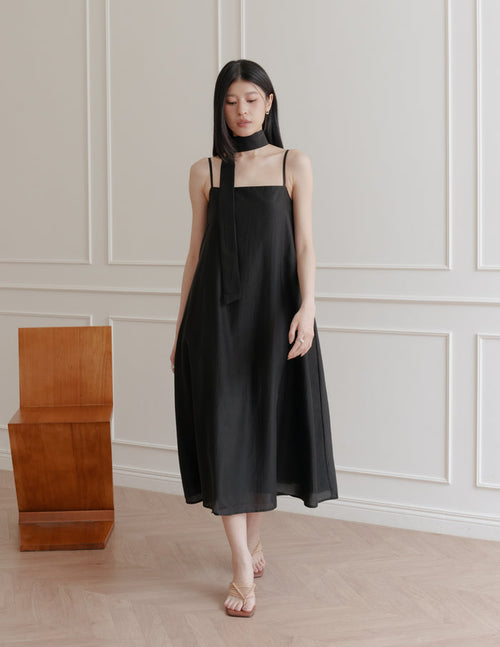 Zelda Scarf Tent Midi Dress in Black