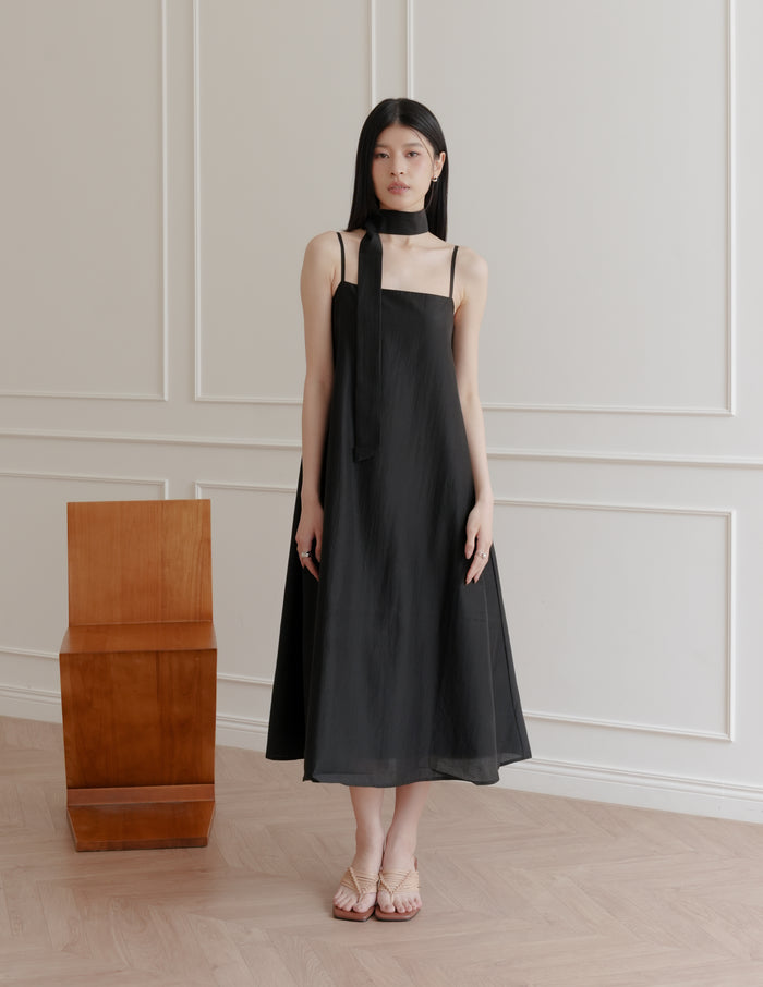 Zelda Scarf Tent Midi Dress in Black