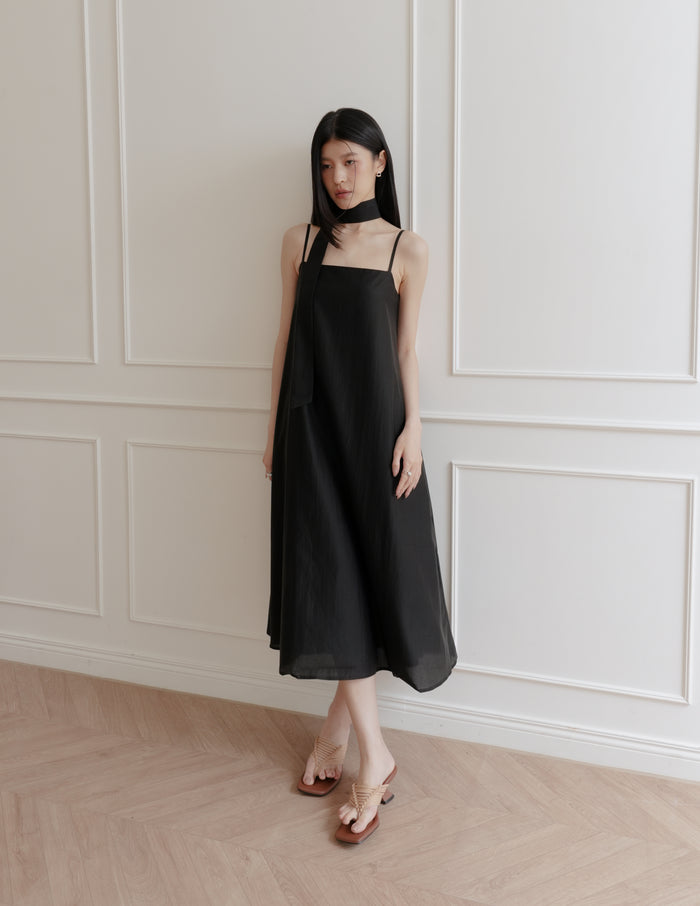 Zelda Scarf Tent Midi Dress in Black