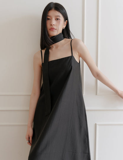 Zelda Scarf Tent Midi Dress in Black
