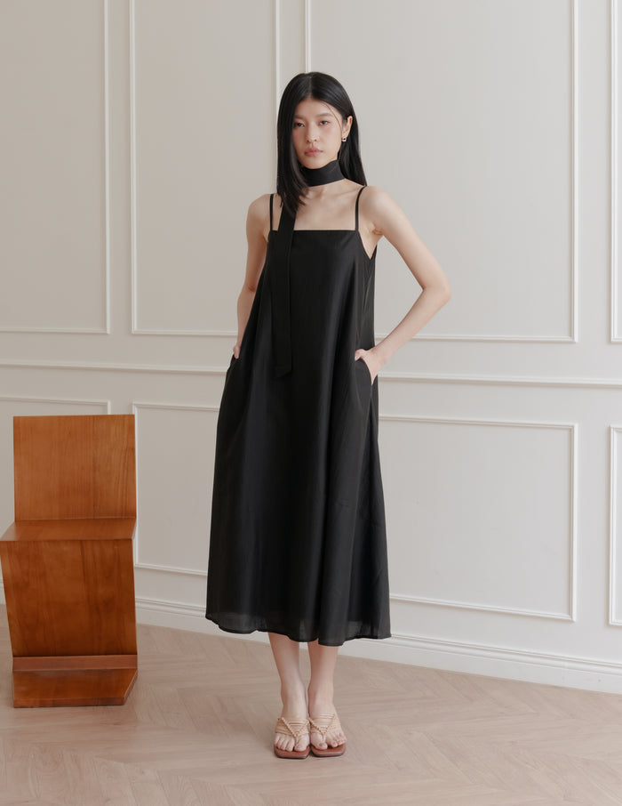 Zelda Scarf Tent Midi Dress in Black
