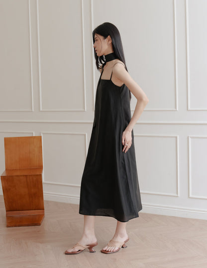 Zelda Scarf Tent Midi Dress in Black